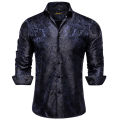 Luxury Men Dress Shirt Formal Prom Tuxedo Long Sleeve Silk Polyester Golden Color Paisley Black Shirts Blouse Men Clothing.