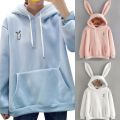 Women Spring Cute Bunny Printed Girl Hoodie Casual Long Sleeve Sweatshirt Pullover Ears Plus Size Top Sweatershirt. 