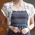 Women Summer Short Sleeve Crochet Shrugs Hollow Out Flower Lace Open Front Cropped Cardigan Sunscreen Scalloped Trim Bolero Jack.