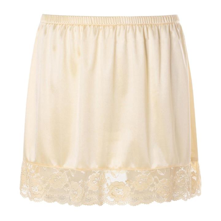 Womens Girls Ice Silk Half Slips Underskirt Basic Soft Lace Trim Petticoat Underdress Intimates Safety Long Skirt Underwear