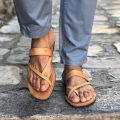 Men Leather Slippers Summer Flat Sandals Casual Greek Outdoor Beach Shoes Sandals Retro Roman Slippers Plus Size 39-48.