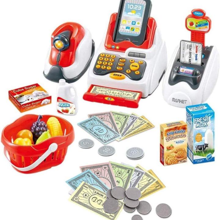 Kids, Toy Till Cash Register with Scanner, Credit Card,Play Food,Money and  Groceries Shopping Basket for Boys and Girls, Multicoloured, 43 x x 17 