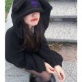 Sanrio Cartoon Kuromi Clothes Women Black Embroidery Hoodies Y2k Aesthetic Tops Autumn Thin Coat Female Fashion Loose Sweatshirt. 