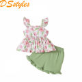 DSstyles Toddler Girls 2 Pcs Lettuce Trim Shorts Set Ruffled Sleeve Square Neck Bowknot Tank Top Elastic Waistband Shorts Outfit.