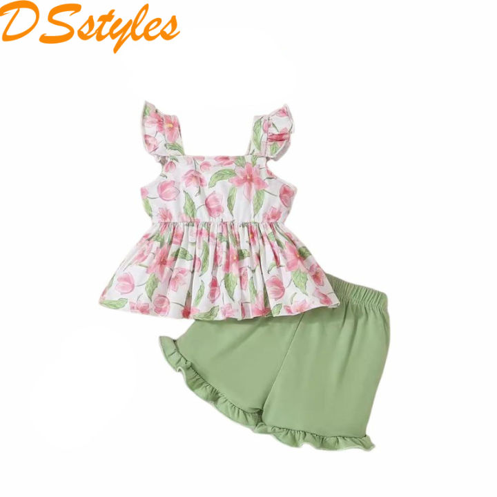 DSstyles Toddler Girls 2 Pcs Lettuce Trim Shorts Set Ruffled Sleeve Square Neck Bowknot Tank Top Elastic Waistband Shorts Outfit
