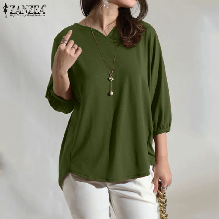 ZANZEA Women Office Ladies Work Solid Smoke Tops Elegant Commute Knitted Blouse #11