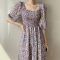 【FEELLAB】2024 New Summer Super Mori French Style Retro Square Collar Puff Sleeve Chiffon Floral Dress.