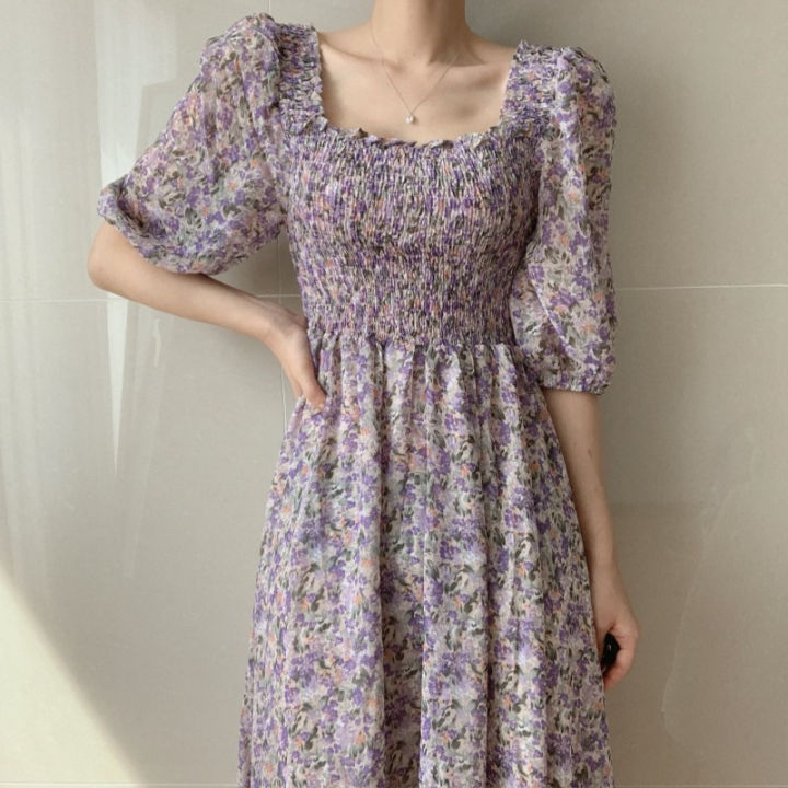 【FEELLAB】2024 New Summer Super Mori French Style Retro Square Collar Puff Sleeve Chiffon Floral Dress