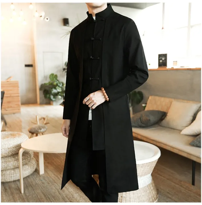 Trench%20Coat%20Men%20two%20Pieces%20Cardigan%20Kimono%20Coat%20Male%20Long%20Chinese%20Style%20Black%20Loose%20Vintage%20Cotton%20Linen%20-%20Image%203