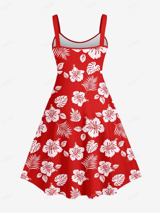 Plus%20Size%20Matching%20Hawaii%20Beach%20Outfit%20For%20Couples%20Flower%20Coconut%20Leaves%20Printed%20Cinched%20Dress%20and%20Buttons%20Pocket%20Shirt%20-%20Image%203