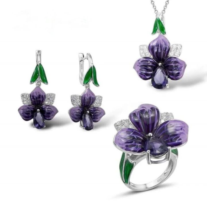 2023 New Fashion 925 Sterling Silver Jewelry Sets For Women Elegant Enamel Dark Purple Zircon Flower Necklace Ring Earrings Girl