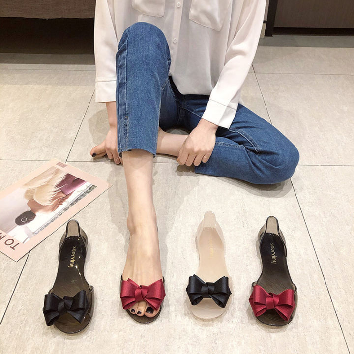 Jelly shoes women's flat fish mouth transparent non-slip shoes shallow plastic Korean version of the Internet celebrity color-blocked bow sandals foreign trade