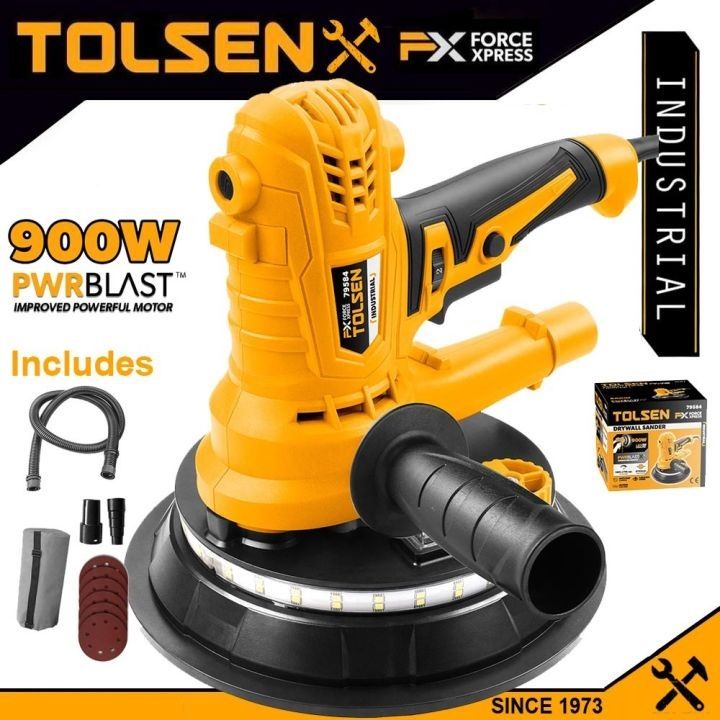 TOLSEN Electric Drywall Sander 900W 180mm, Drywall Sander with Vacuum and LED Light 5 Variable Speed w/ 10pcs Accessories, CE Approved Industrial Series Model: 79584