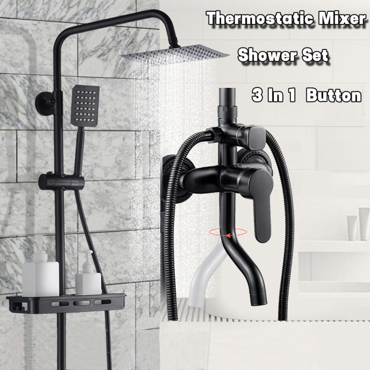 Matte Square Bathroom Thermostatic Mixer Shower Set Black Bathtub Shower Mixer Tap Wall Mount Rainfall Shower Mixer Tap