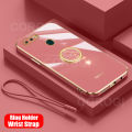 For OPPO A12 Back Cover with Ring Holder Stand + Wrist Strap Shiny Plating Square Bumper Protective Case Soft Silicone Shockproof Mobile Phone Cases. 