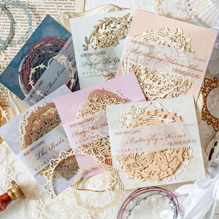 RHS Online 10PCS Whispering Among Flowers Series Hollow Out Border Card Material Paper Package DIY Journaling Planner Diary Crafts Scrapbooking