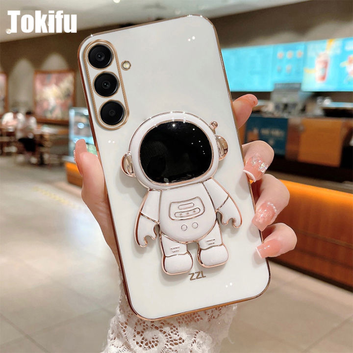 Tokifu For Samsung Galaxy A25 Back Cover With Astronaut Folding Holder Luxury 6D Plating Case Soft Silicone Bracket Phone Cases