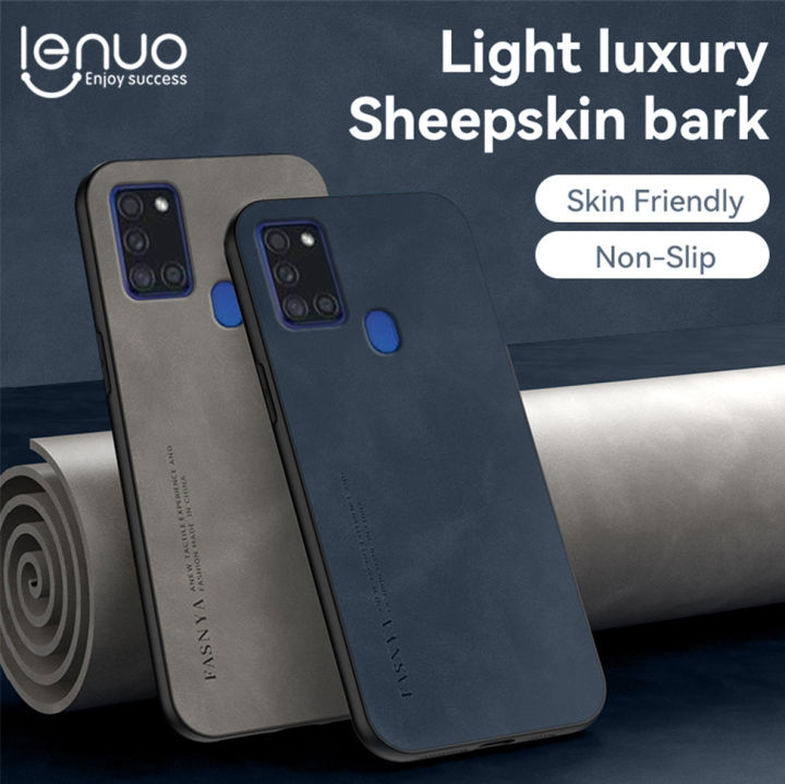 Lenuo For Samsung Galaxy A21s Sheepskin Leather Shockproof Case Luxury Matte Back Cover