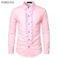 Pink Ruffle Ruche Frill Tuxedo Shirt Men Retro 70s Long Sleeve Button Down Pleats Shirt Mens Wedding Party Dinner Chemsie Homme. 
