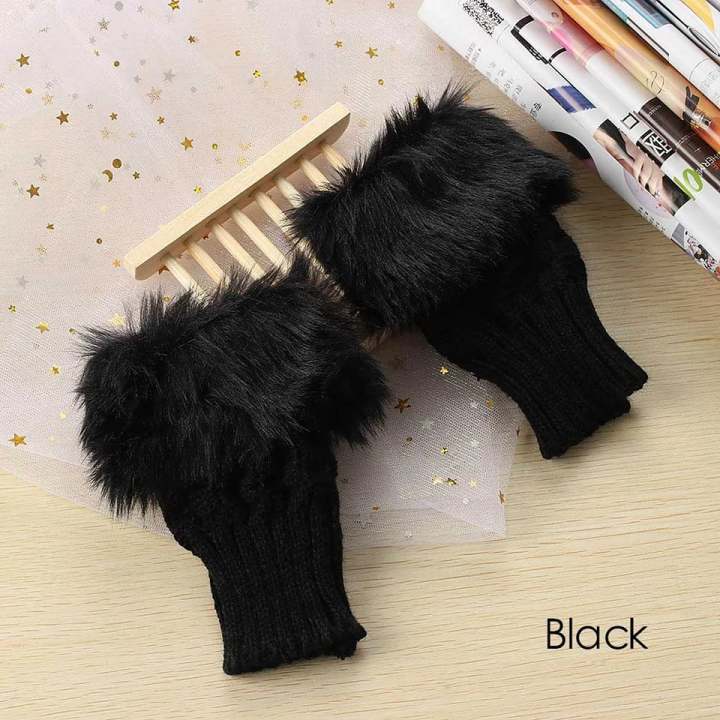 Fashion Women Faux Rabbit Fur Fingerless Gloves with Sheep Wool Decorations, Warm, Soft, Elastic, Wrist Length, Black