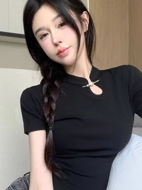 Black%20Shoulder%20Short%20Sleeve%20T%20Women's%20Summer%20T-shirt%202023%20New%20Design%20Sense%20Niche%20Improved%20Cheongsam%20Chinese%20Style%20Traditional%20Top%20-%20Image%205