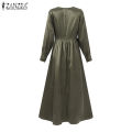 ZANZEA Muslimah Women Muslim Long Sleeve Satin Silky Evening Bowknot Waist Dancing Maxi Dress. 