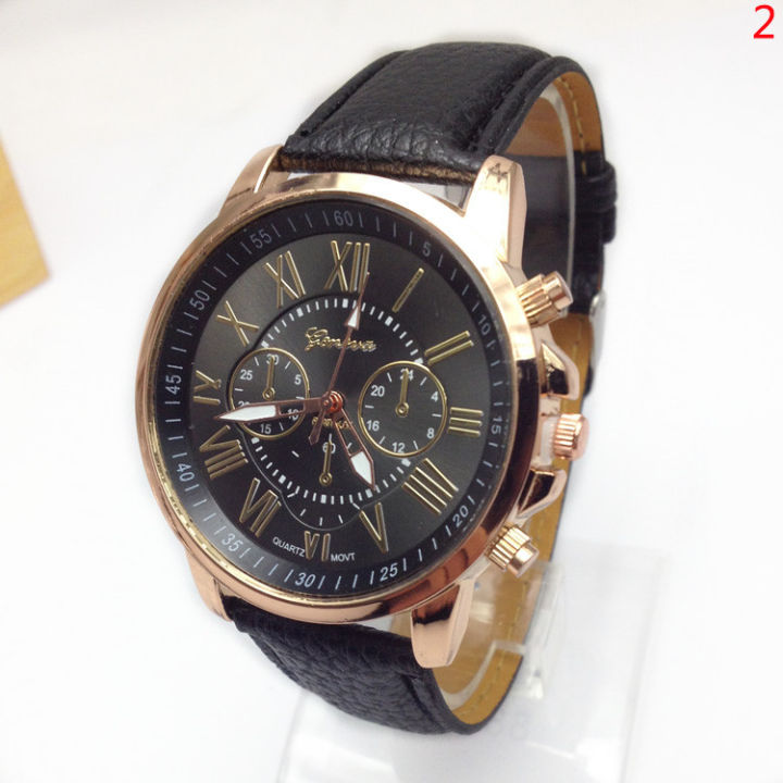 Men WomenThree Eyes Roman Numbers Leather Quartz Watch