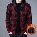 Men Sweater Jacket Fashion Winter Coat Fleece Hoodies High Quality Luxury Checkered Hooded Knit Cardigan Male Outer Wear.