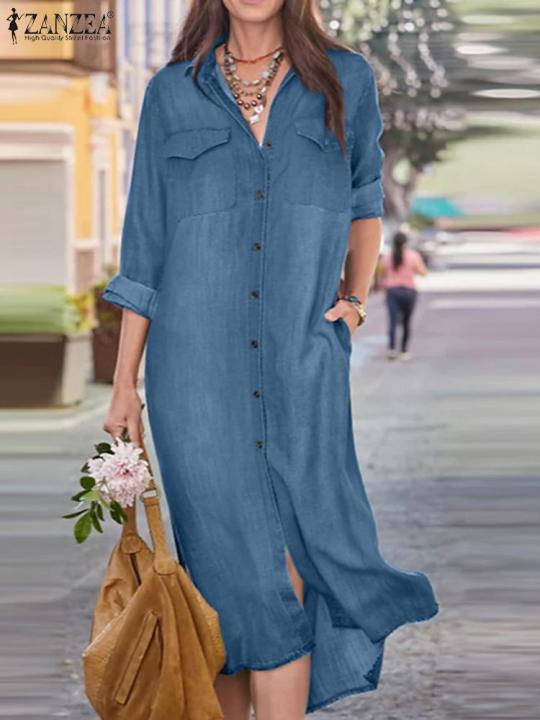 ZANZEA Fashion Long Sleeve Shirt Dress Women Turn Down Collar Buttons  Dresses Denim Blue Sundress Casual Work Vestido Baggy | Daraz.com.bd