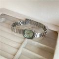 Women Small Square Quartz Watch Fashion Green Dial Stainless Steel Strap Wristwatch. 
