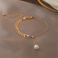 Trendy Fashionable Pearl Leaf Chain Golden Bracelets for Girls Charm Jewelry - Bracelet for Women Simple Fashion New Collection. 