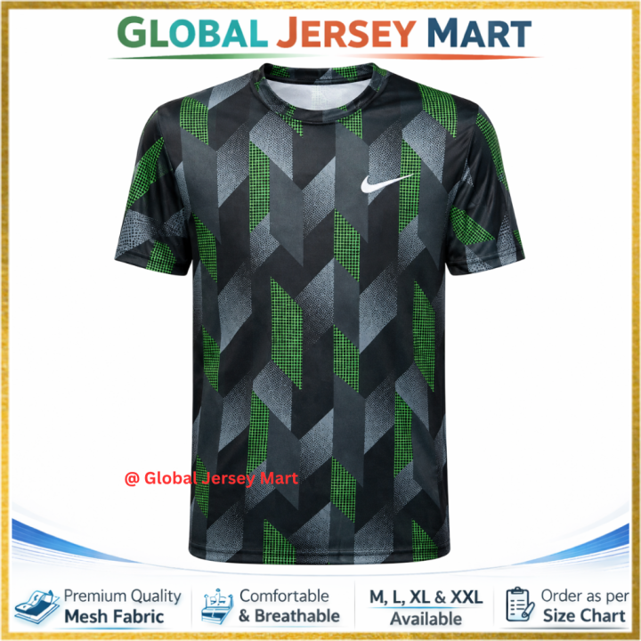 Nike Dri-FIT Training Jersey – Black/Grey/Green Geometric Design – Short Sleeve Football Jersey – Breathable Sports & Gym T-Shirt