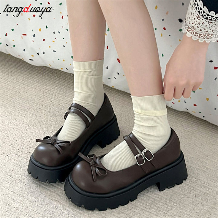Women Thick Platform Mary Janes Lolita Shoes Party Pumps New Bowknot Buckle Small Leather Shoes Woman Vintage JK Uniform Shoes