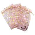 100 PCS 9X12cm Heart Printed Pink Organza Bags Jewelry Pouch Bags Organza Drawstring Pouches Wedding Favors Candy Gift Bags , heart pattern organza bags - Pink.