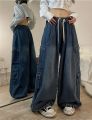 Grunge Hot Girl Vintage Big Pocket Oversized Baggy Cargo Jeans Femme Elastic Waist Straight Wide Leg Pants Denim Trousers women.
