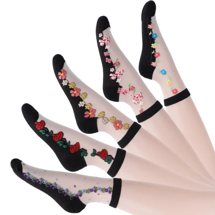 1/5 Pairs Women's Crystal Cotton Ice Socks Summer Short Thin Glass Socks Cool Breathable Comfortable Flower Embroidered Socks