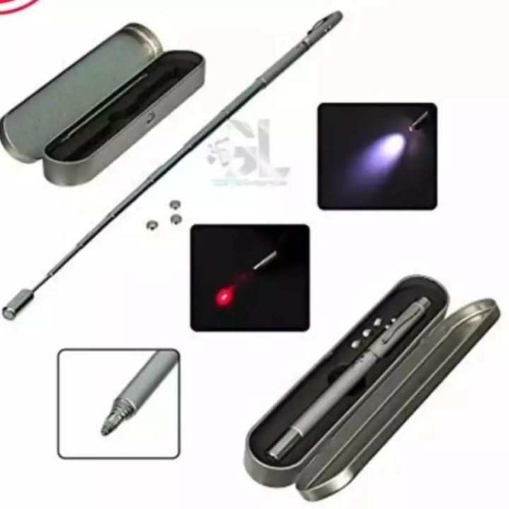 Multifunction Ballpoint Creative Infrared Telescopic Pointer Pen Writing Pen Laser pen MULTI FUNCTION 4 in 1 Red Lase.r Pointer LED Light Lamp Ball Pen Torch Telescopic Pointer to Teach Silver