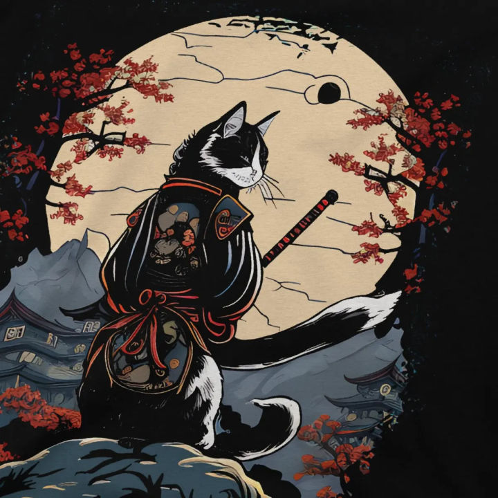 Japanese%20Cat%20Samurai%20Katana%20Catana%20Man's%20TShirt%20Samurai%20Style%20O%20Neck%20Tops%20Polyester%20T%20Shirt%20Humor%20Gift%20Idea%20-%20Image%204