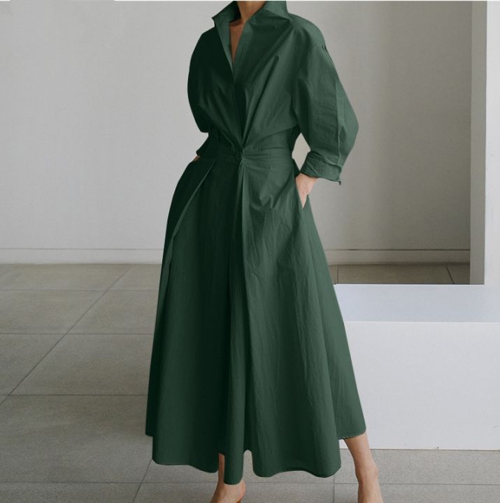 S-5XL%20Korean%20Fashion%20Long%20Sleeve%20Shirt%20Dress%20Chic%20Turndown%20Neck%20Ruched%20Maxi%20Dress%20Women%202022%20Autumn%20Winter%20Clothes%20Streetwear%20-%20Image%205