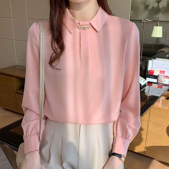 Pink%20Shirt%20Women's%20Long%20Sleeve%20Spring%20New%20Korean%20Style%20Western%20Style%20Design%20Sense%20Niche%20Fashion%20High-End%20Satin%20Top%20-%20Image%208
