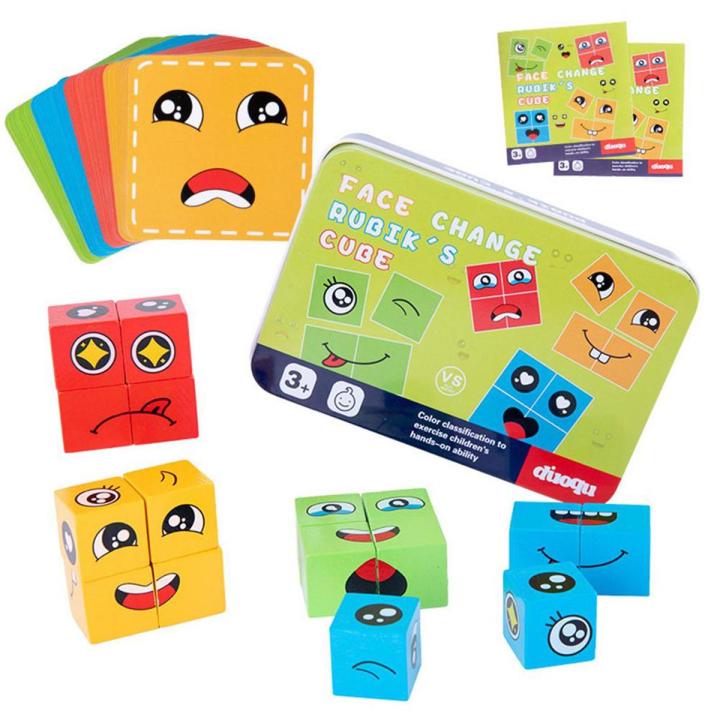 Wooden Expressions Matching Puzzles Face Changing Cubes Building Blocks Puzzle Game Family Board Game Toy With Box Educationa