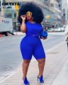CM.YAYA Women Plus Size Solid Two Piece Set Fashion Off Shoulder T-shirt and Shorts Matching Set Streetwear Tracksuit Outfits. 