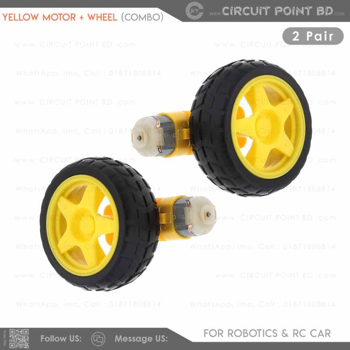 2 Pair - DC Dual Shaft Yellow Gear Motor & 65mm Robotic Car Wheel – RC Car Kit ( 2 Yellow Motor + 2 Wheel)