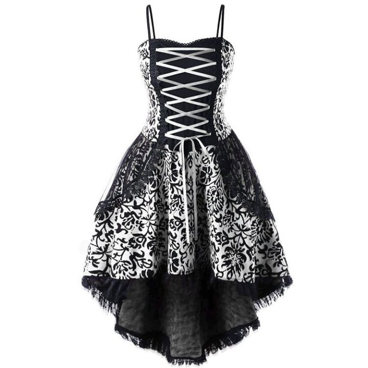 Rosetic New Fashion Women Goth Dress Non-sleeve Printing Patchwork Lace Up Slim Gothic Style Ladies Suspender Dress For Autumn