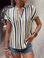 Europe and the United States women's summer multi-colored striped casual shirt V-neck short sleeve.