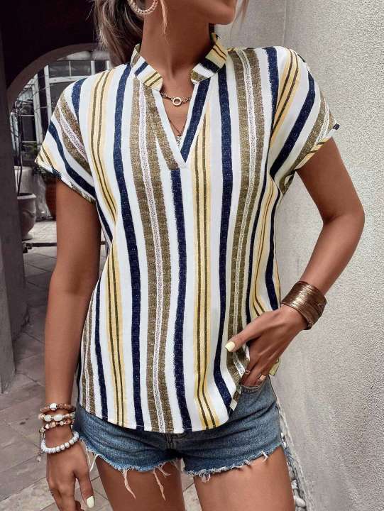 Europe%20and%20the%20United%20States%20women's%20summer%20multi-colored%20striped%20casual%20shirt%20V-neck%20short%20sleeve%20-%20Image%207