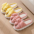 Thick Sole Cartoon Linen Slippers Female Cute Bow Anti-Slip Sweat Home Sandals Four Seasons Family Cotton Slipper For Girls.