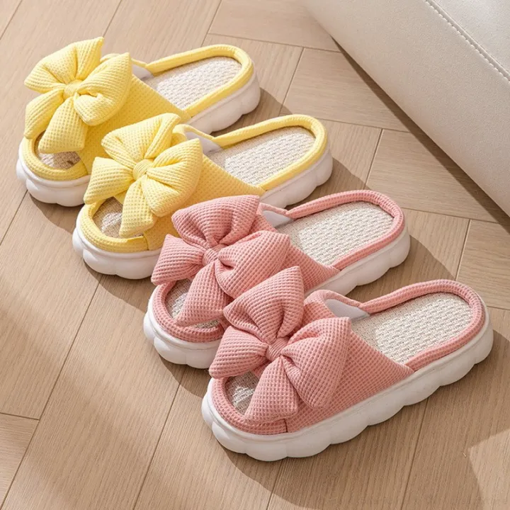 Thick%20Sole%20Cartoon%20Linen%20Slippers%20Female%20Cute%20Bow%20Anti-Slip%20Sweat%20Home%20Sandals%20Four%20Seasons%20Family%20Cotton%20Slipper%20For%20Girls%20-%20Image%203