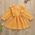 Baby Girls Solid Cotton Crepe Dress Soft Fabric Long Sleeve Ruffle Party Casual Toddler Outfit Comfortable Kids Clothing. 