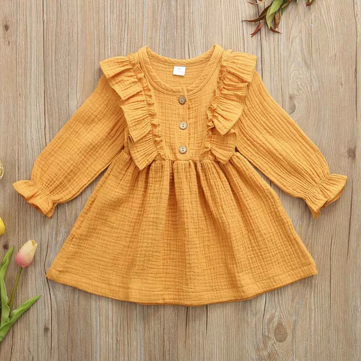 Baby%20Girls%20Solid%20Cotton%20Crepe%20Dress%20Soft%20Fabric%20Long%20Sleeve%20Ruffle%20Party%20Casual%20Toddler%20Outfit%20Comfortable%20Kids%20Clothing%20-%20Image%206